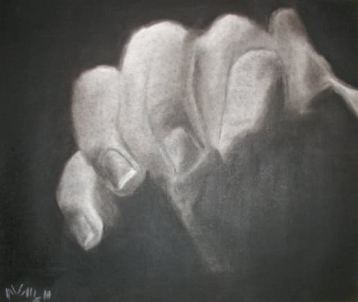 A monochrome drawing of a clenched hand with bright knuckles against a dark background.