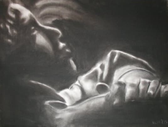 A monochrome drawing of a reclining figure with light falling across the face, clothing, and hand.