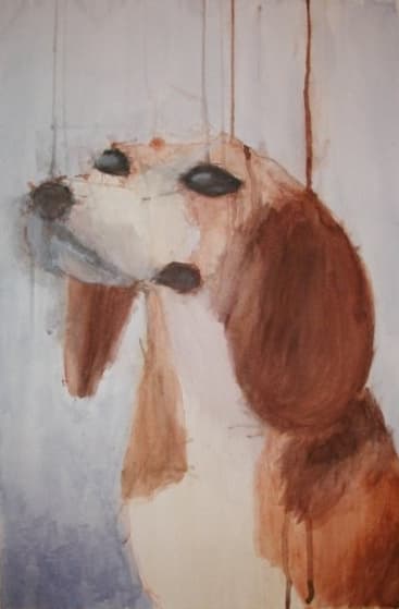 A brown-and-white dog painted in loose washes, with long ears and vertical trails of pigment.