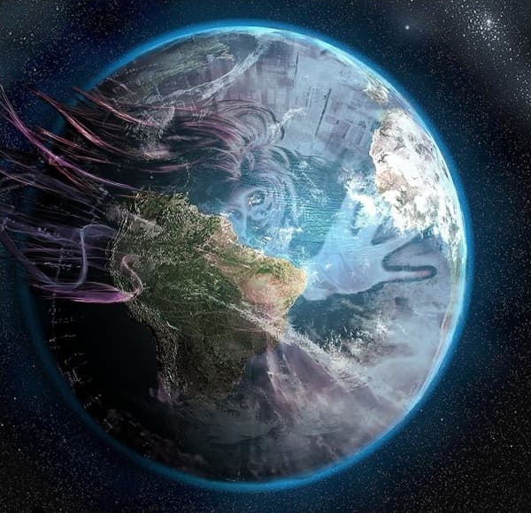 A glowing blue Earth against stars, overlaid with translucent imagery and sweeping purple forms.