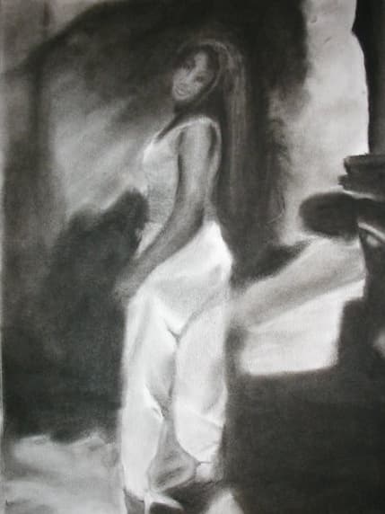 A monochrome figure study of a person standing in profile wearing a long light-colored garment.