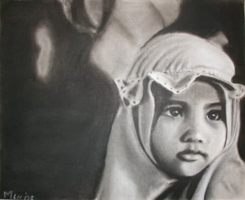 A monochrome drawing of a child wearing a draped head covering, looking to the right.