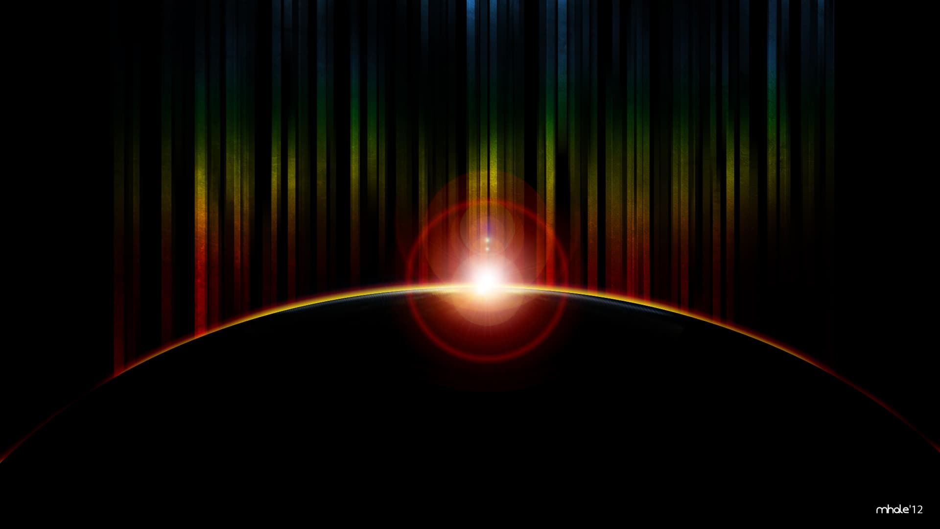 Rainbow-colored columns rise from a glowing curved horizon against black space.