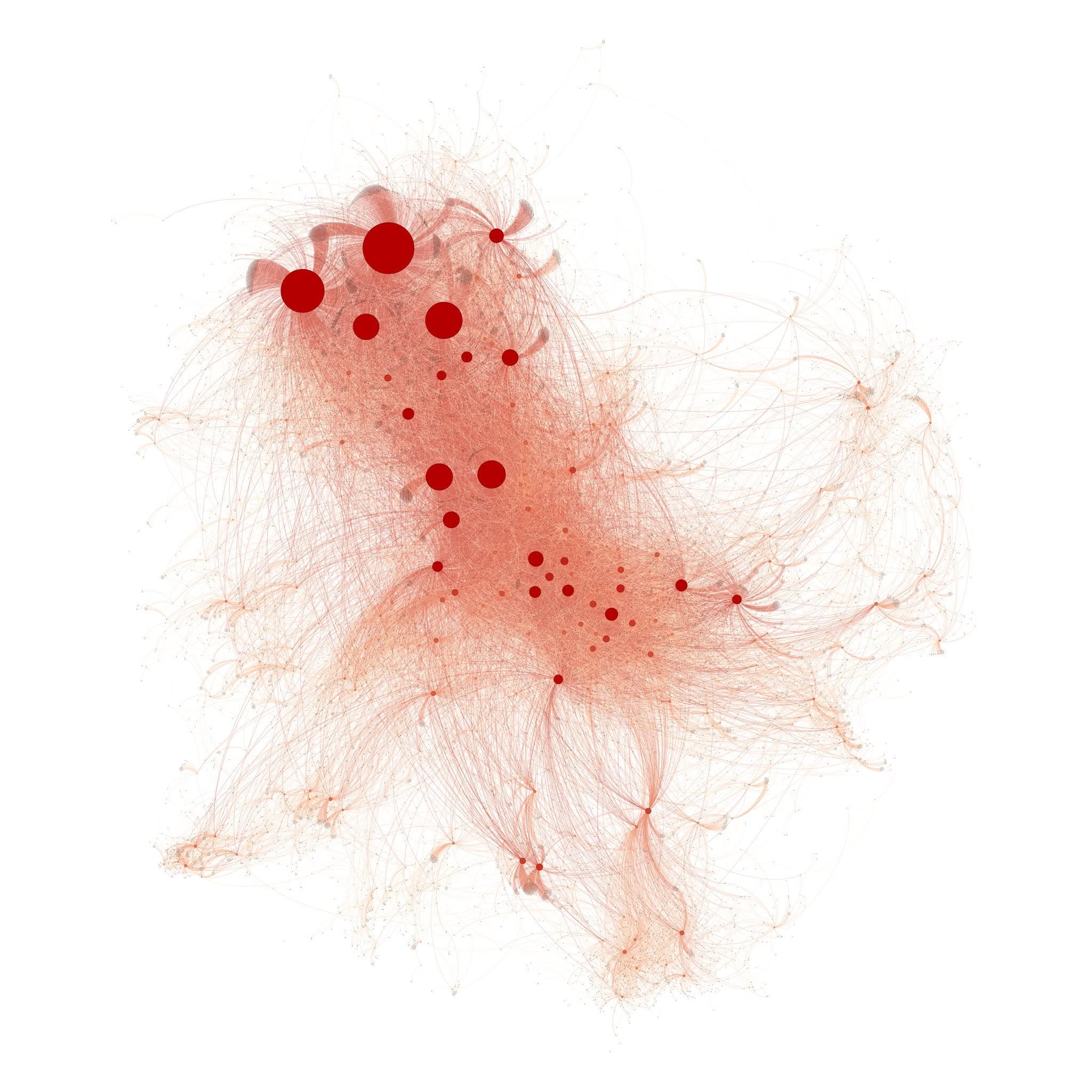A pale red network of connections surrounds larger red circular hubs on white.
