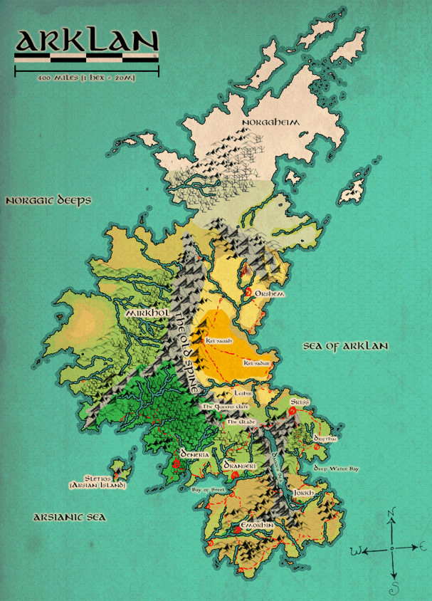 A tall fantasy map of Arklan with turquoise seas, a hexagonal grid, mountains, forests, rivers, and settlements.