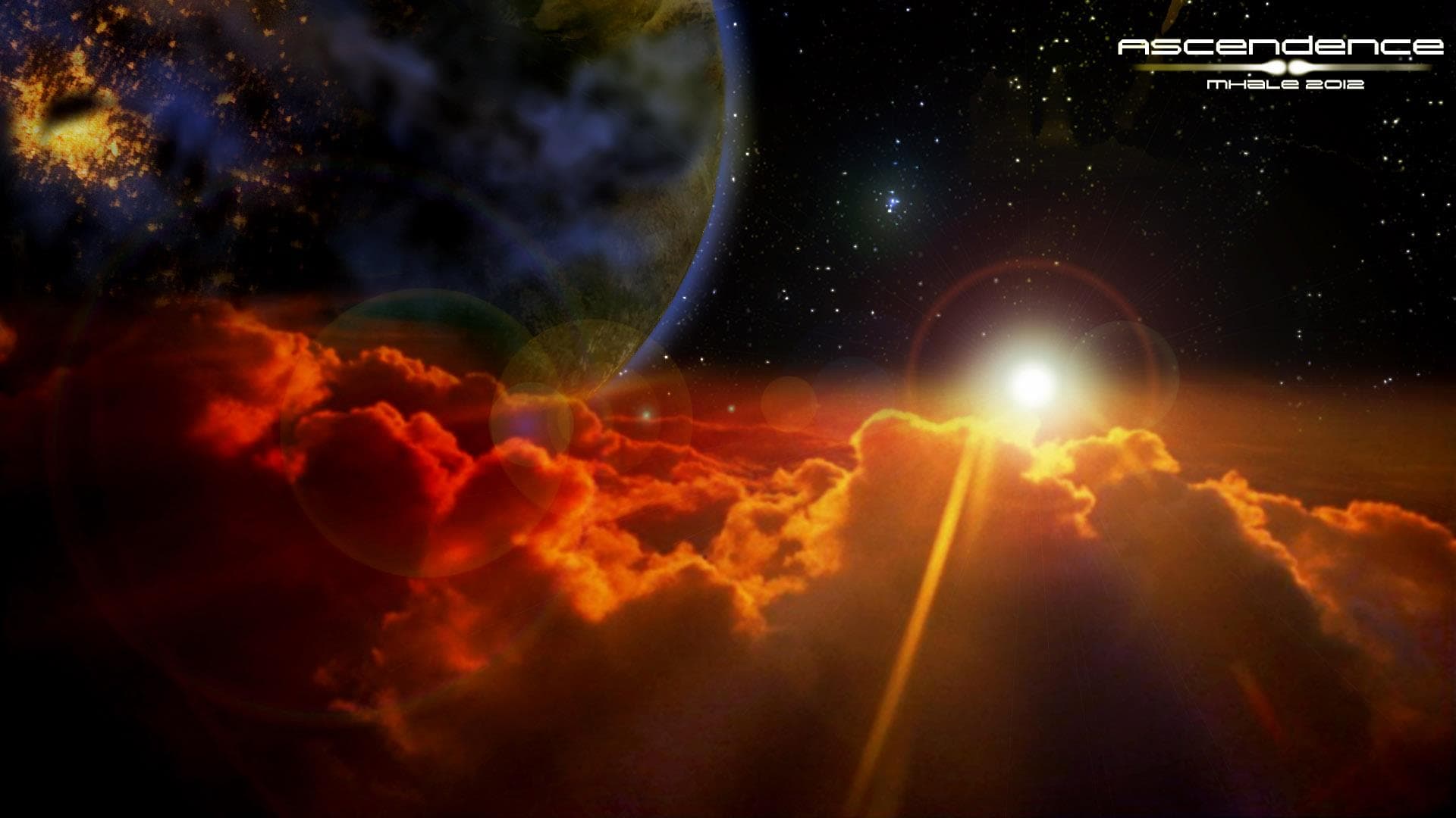 An orange sun rises through fiery clouds beneath a large clouded moon and a field of stars.