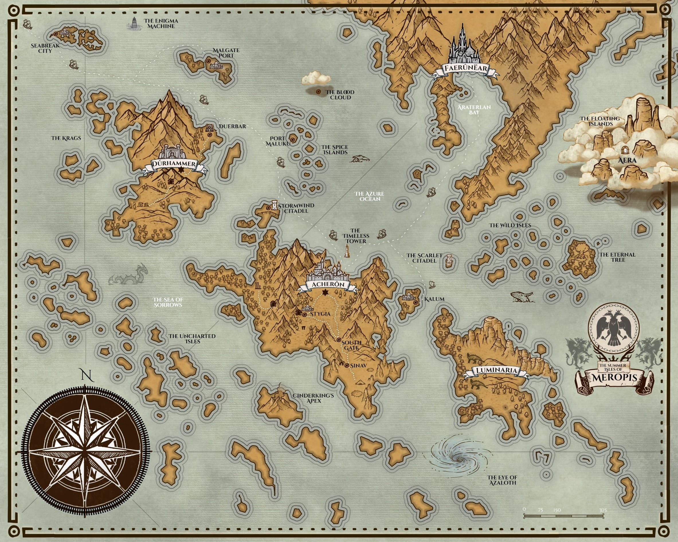 A parchment-style fantasy map of Meropis with islands, mountains, cities, sea routes, and a compass rose.