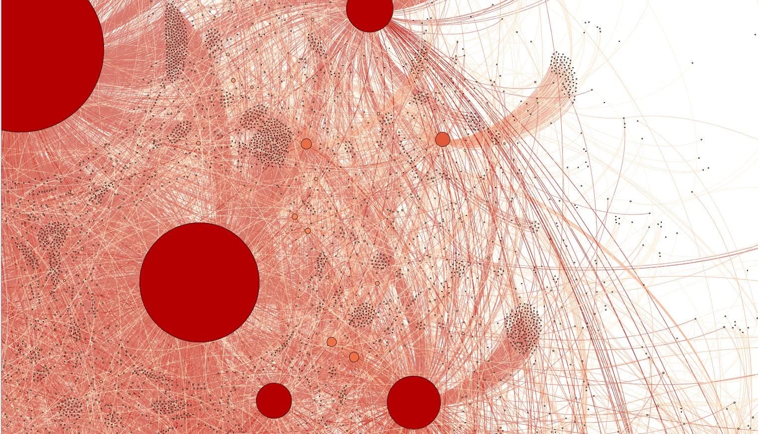 Large red nodes and many tiny points connected by overlapping lines in a social network visualization.