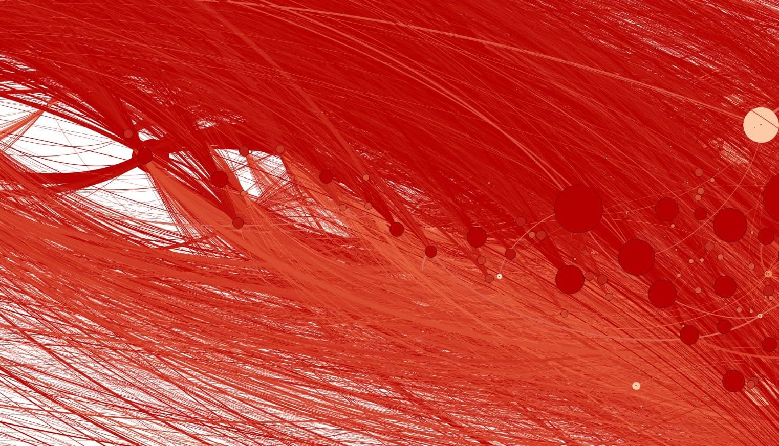 Dense red lines sweep diagonally between nodes in a social network echo chamber visualization.
