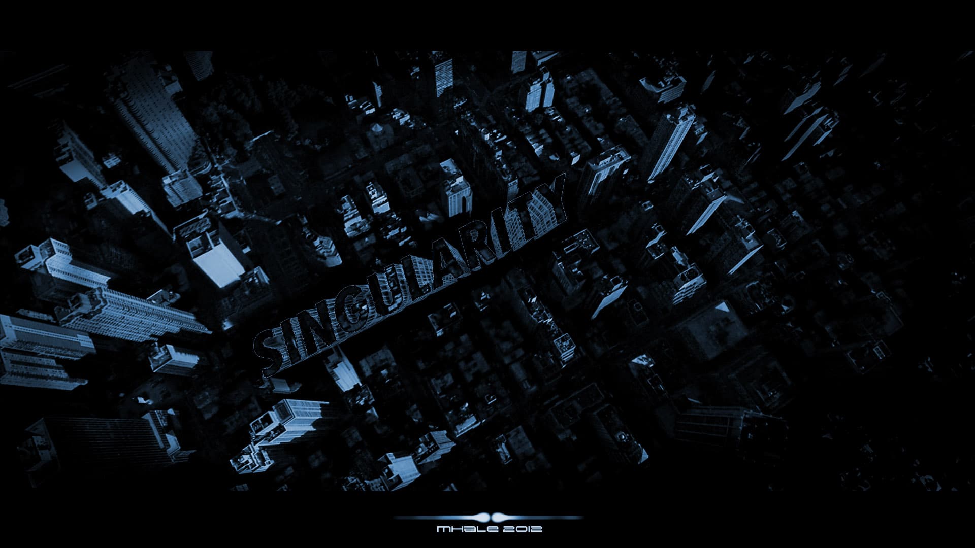 A blue-black aerial cityscape with the word Singularity spanning the buildings.