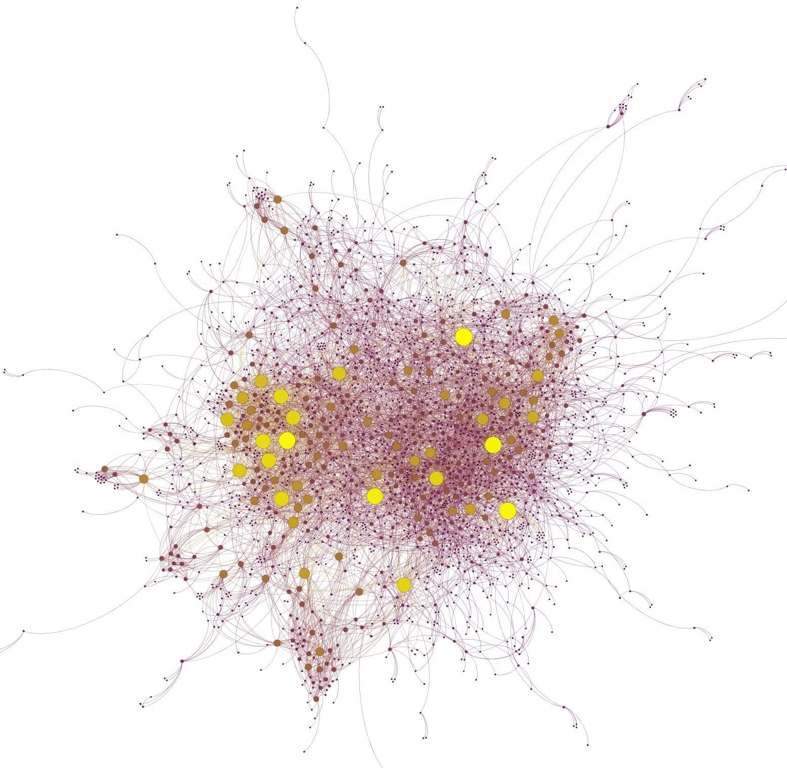Purple threads and yellow nodes form a branching network of yeast protein interactions.